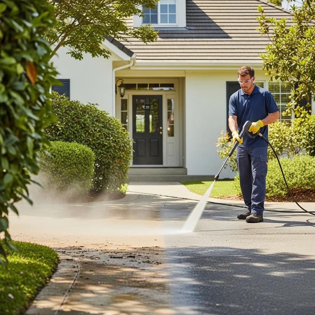 Pressure washing scene with a person cleaning a driveway, showcasing the effectiveness of exterior cleaning methods
