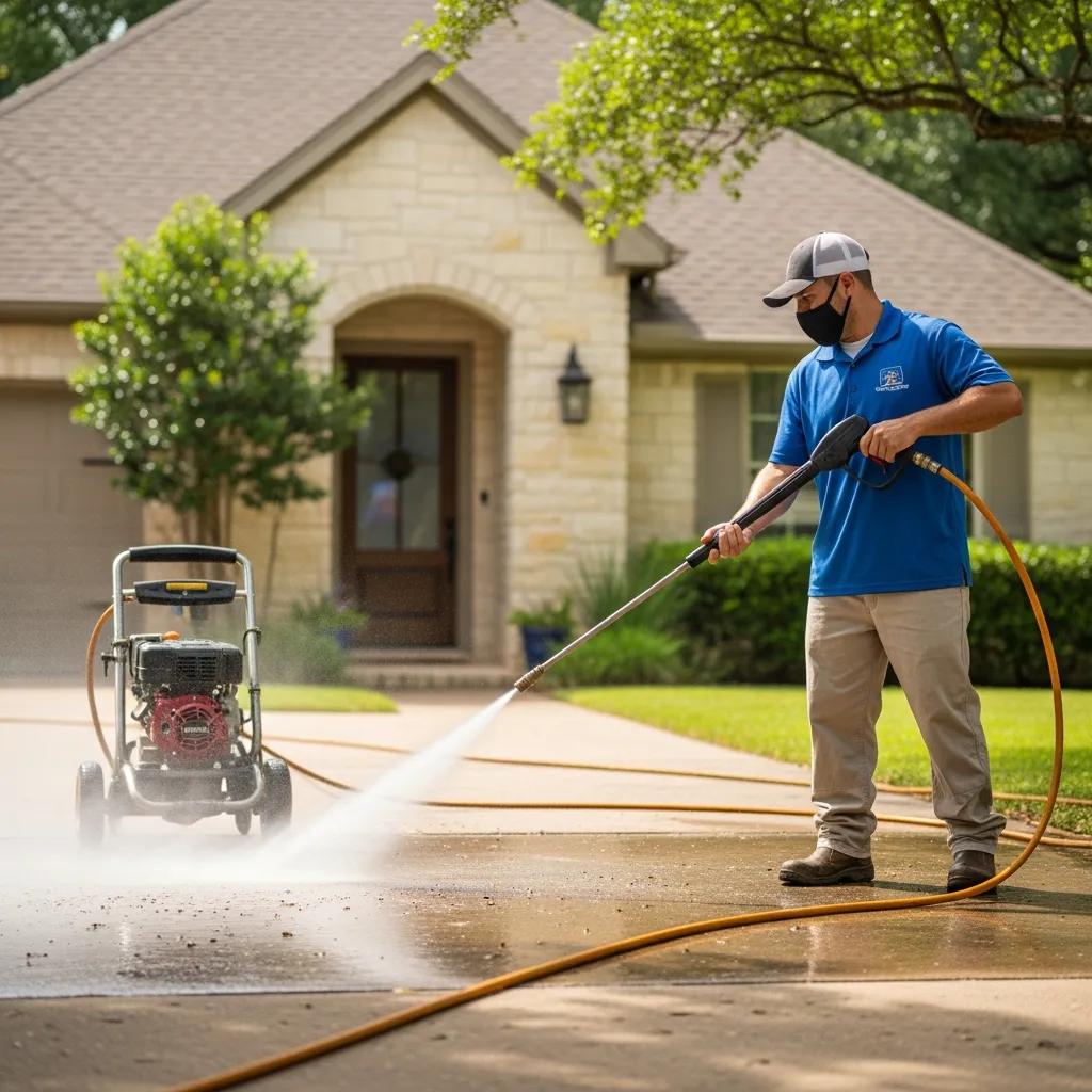 Pressure washing service in Austin cleaning a driveway, showcasing the effectiveness of exterior cleaning