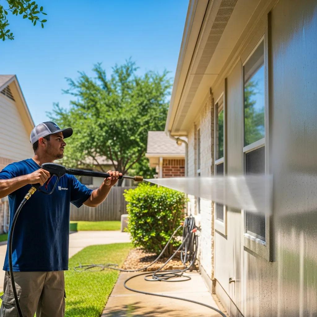 Pressure washing service revitalizing an Austin home exterior