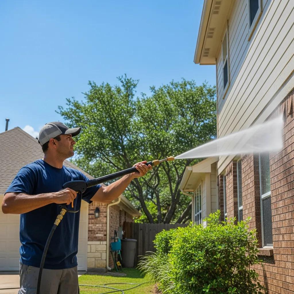 Pressure washing service revitalizing an Austin home exterior, showcasing the transformation and curb appeal enhancement
