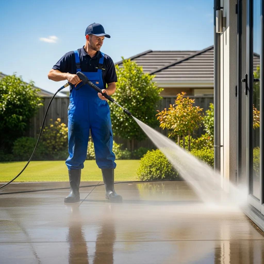 Professional pressure washing service transforming a home's exterior with water spray